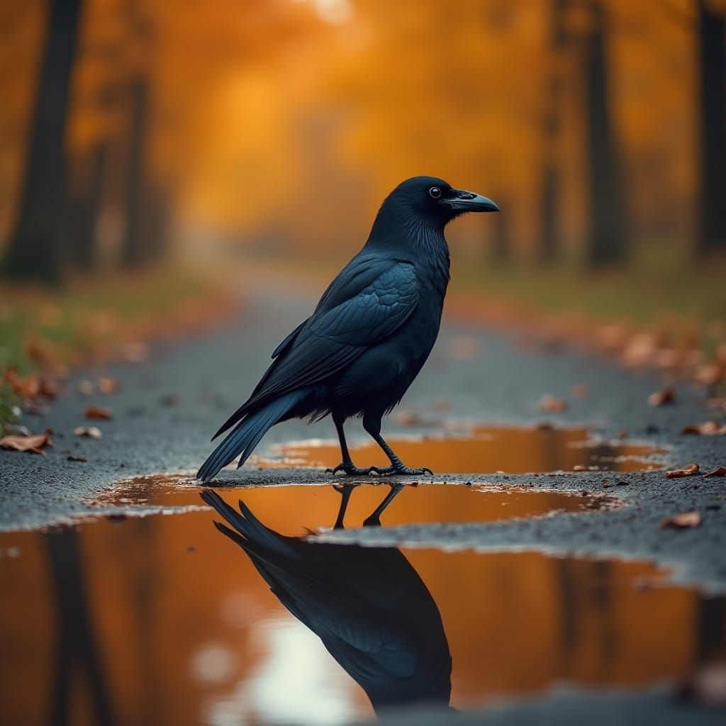 Elegant Raven Silhouette Reflected in Autumn Water