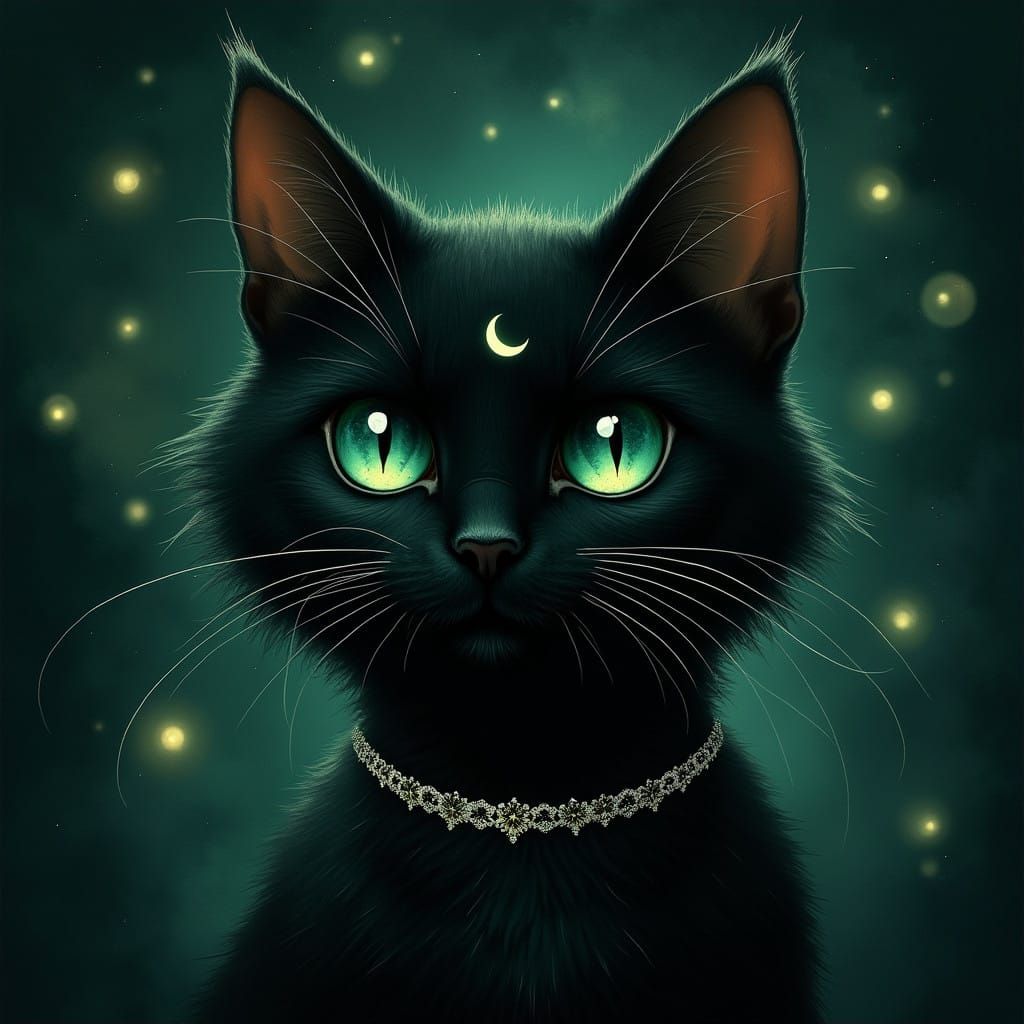 Whimsical Black Cat Enshrouded in Mystical Auras