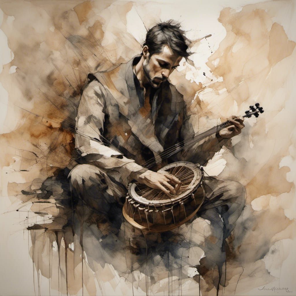 Man Playing Tambourine with Woodsplash Texture