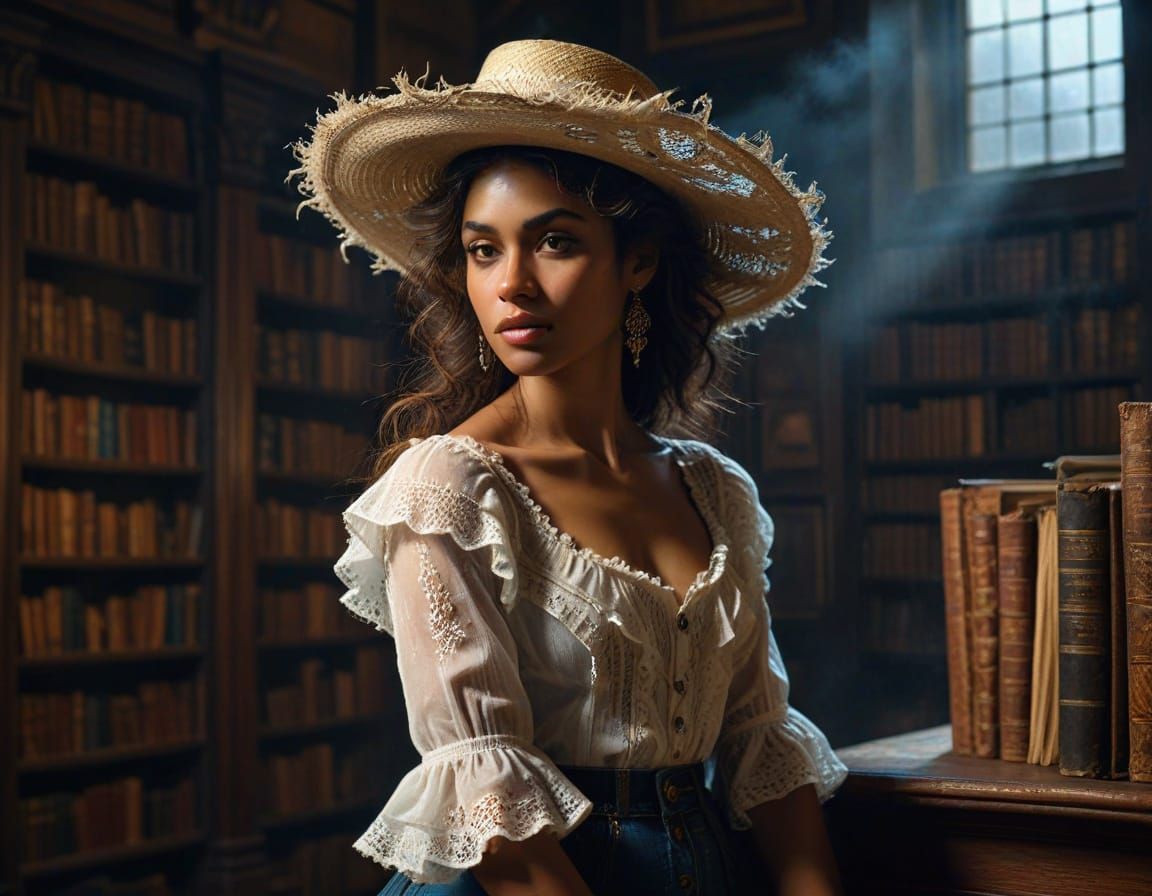 Regal Woman in Gothic Library, Impasto Style