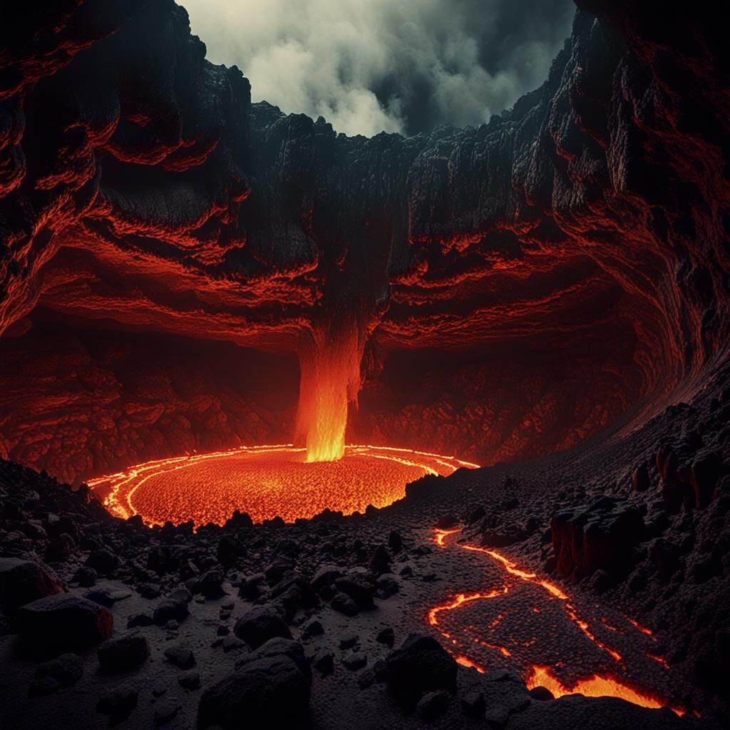 Molten Lava Flows in Crater: Cinematic Film Still