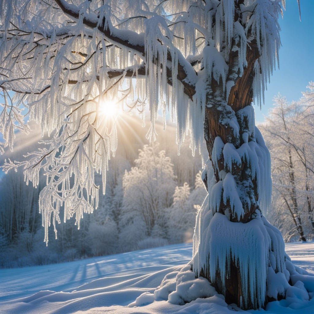 Icy Tree in Frozen Landscape with Divine Light