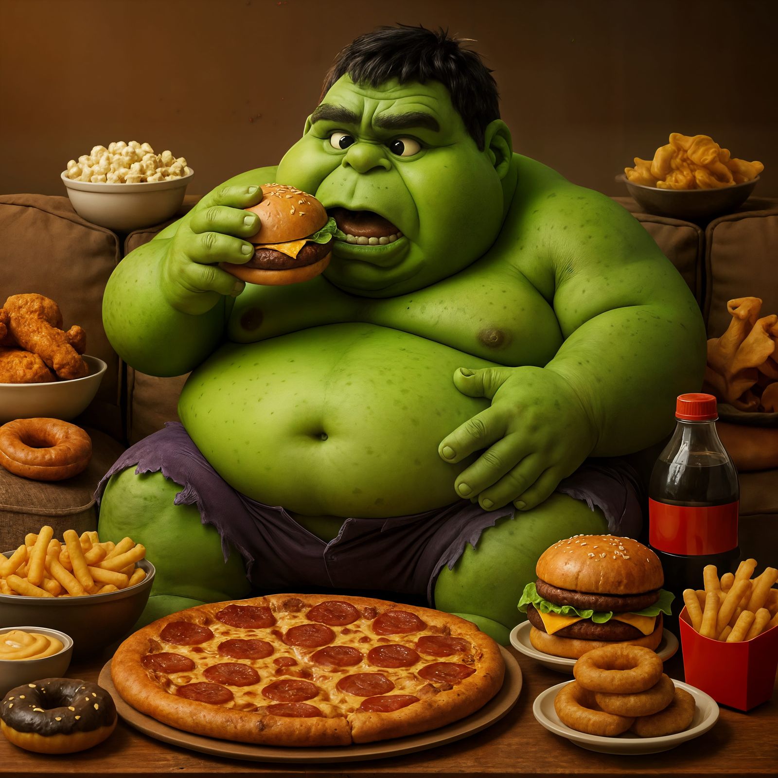 Chubby CGI Hulk Lounging Amidst Food