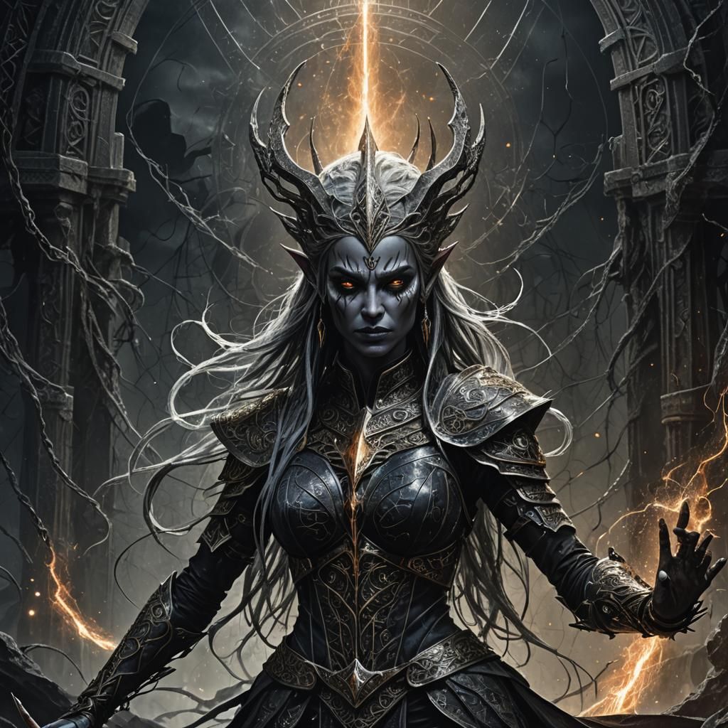 Dark Elf Pythia in Mystical Realm: Dark Fantasy Art