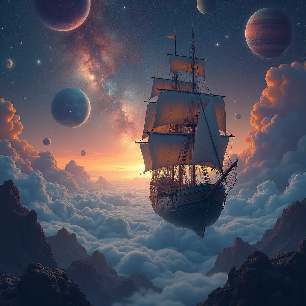 Cosmic Sailing Ship in Vibrant Outer Space Landscape