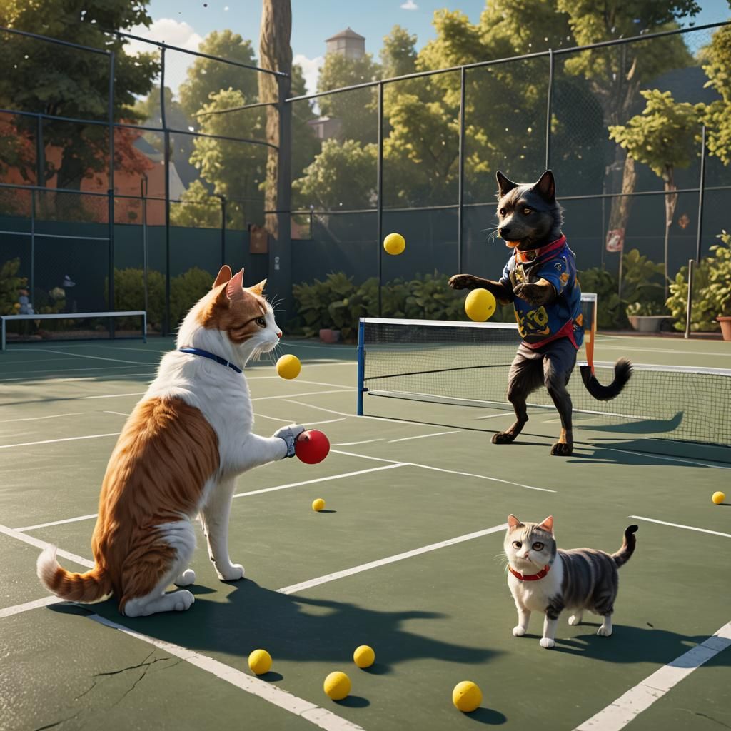 Cat and Dog Play Pickleball in Detailed Painting