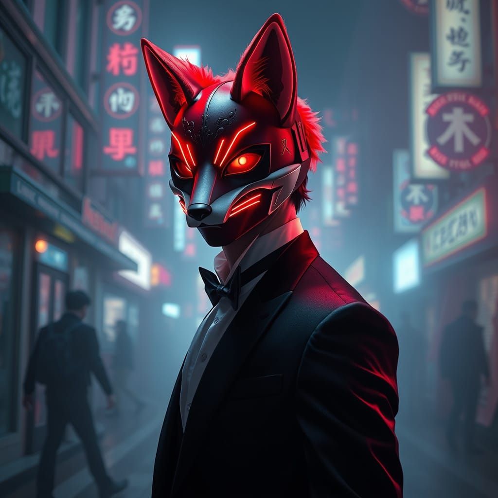 Korean Man in Fox Mask on Neon Seoul Street