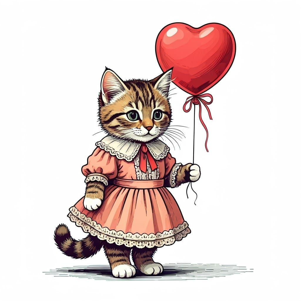 Style of Tenniel, a black and white drawing of a tabby kitten in a dress carrying a red heart saying 'Be my Valentine '
