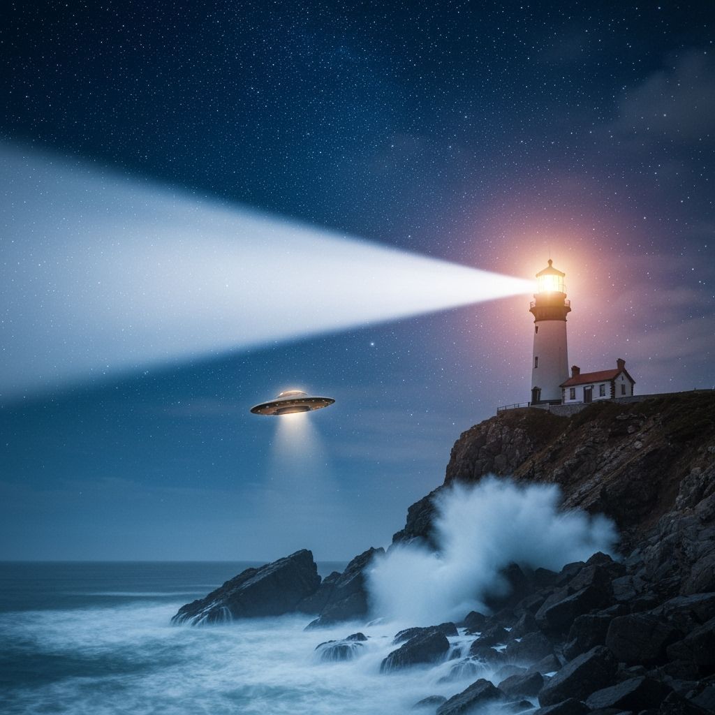 Surreal Lighthouse Illuminates a UFO in the Night