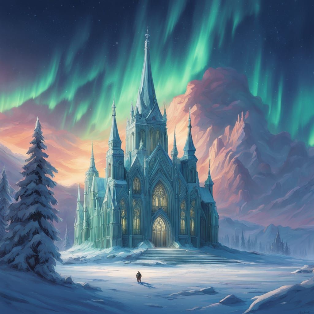 Majestic Ice Cathedral Under Northern Lights