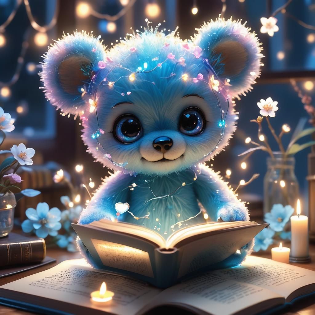 Adorable Transparent Teddy Bear Reads a Book