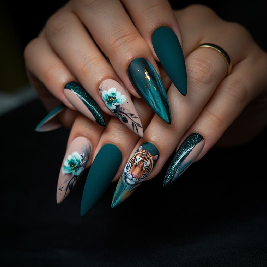 Glamorous Stiletto Nails with Tiger Print and Florals