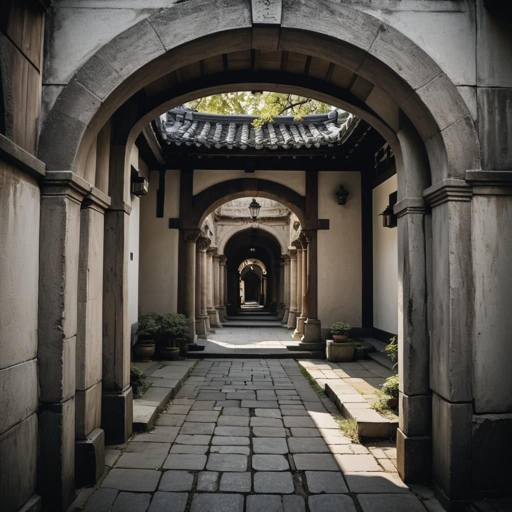 Japanese Woodblock Print of Courtyard With Arches