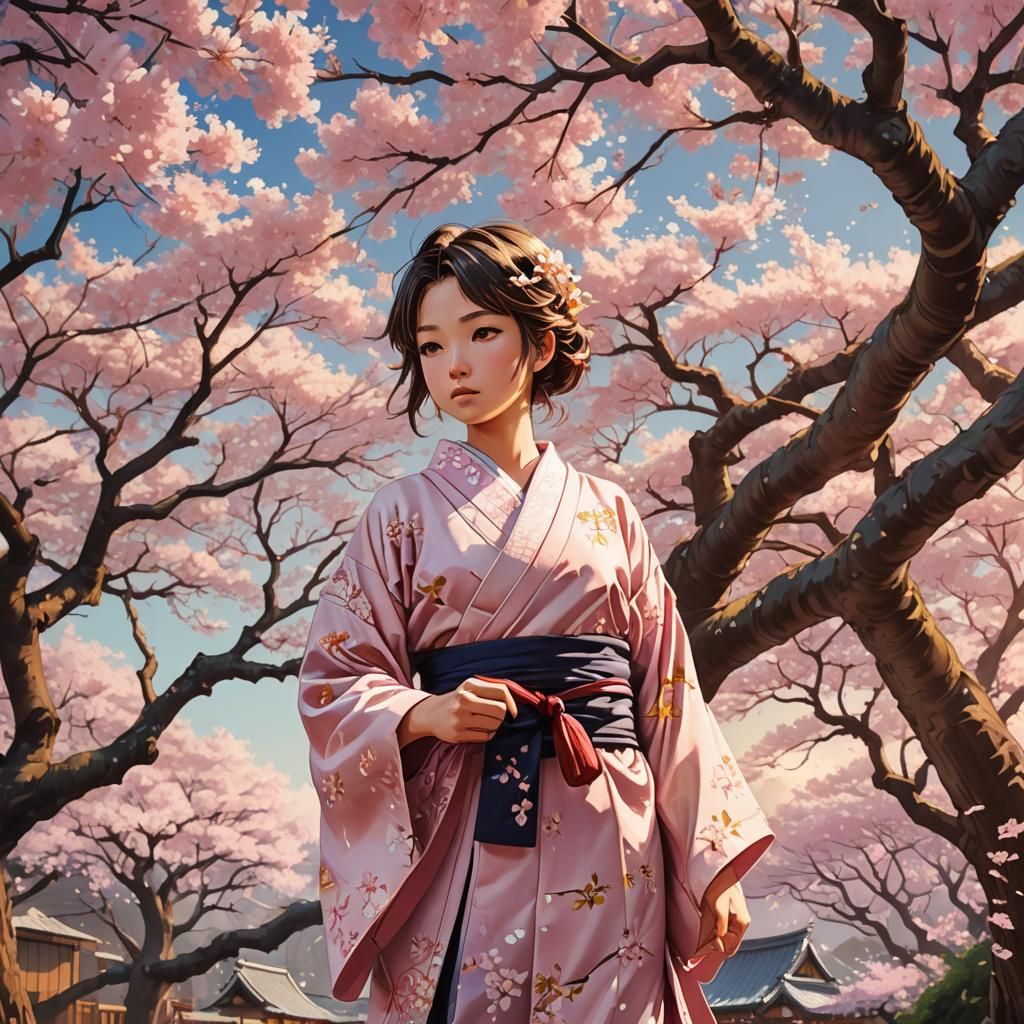 Girl in Yukata Under Cherry Blossom Tree