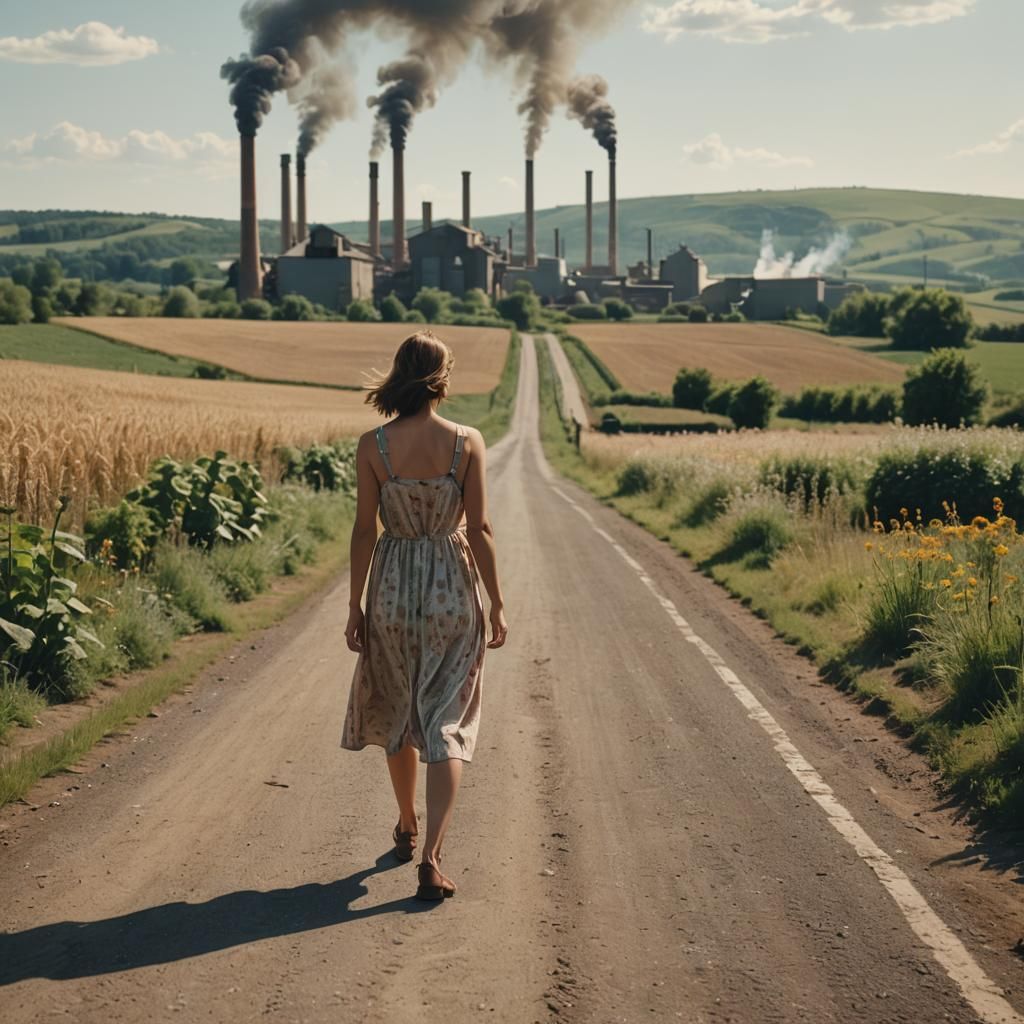 Woman Walks Rural Road Past Fields and Factory