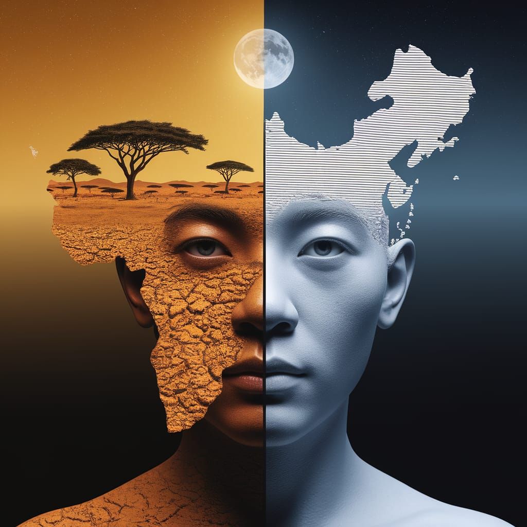 Surreal Face Merging Savanna and Chinese Landscapes