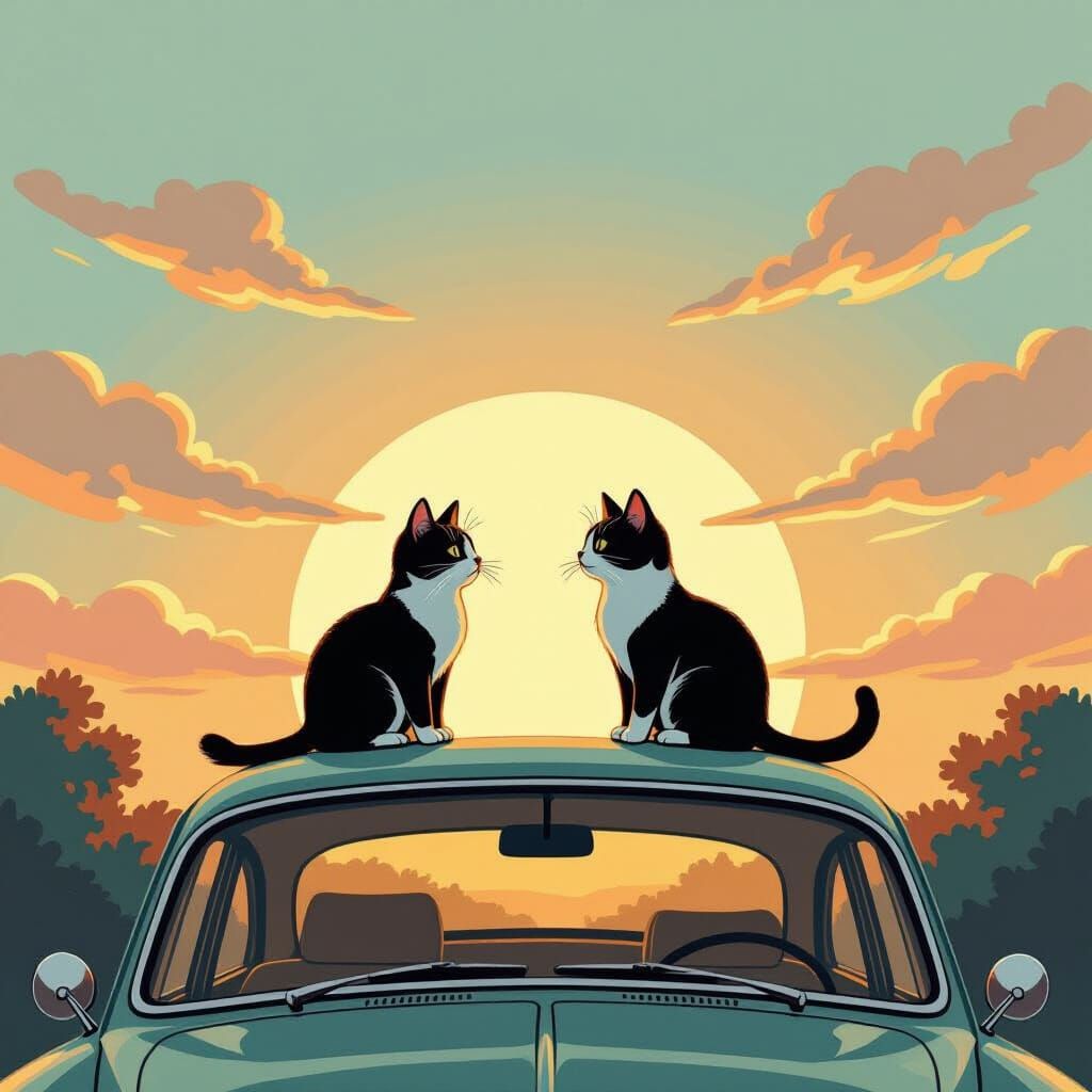 Two Cats on a Car Roof at Sunset