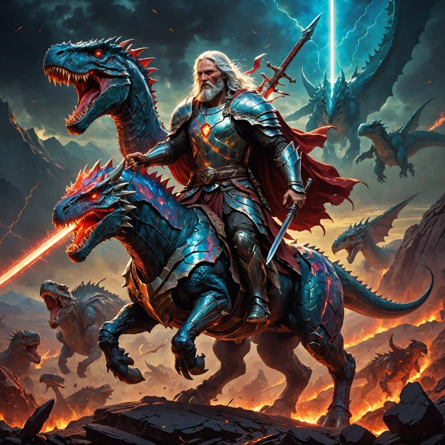 Epic Christian Warrior Jesus Conquers Fantasy Monstrous Dino...