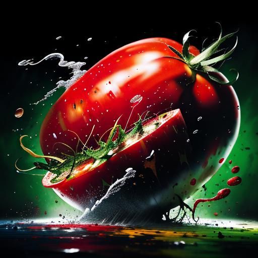 Tomato Caught in Tornado: Hyperrealistic Splash Art