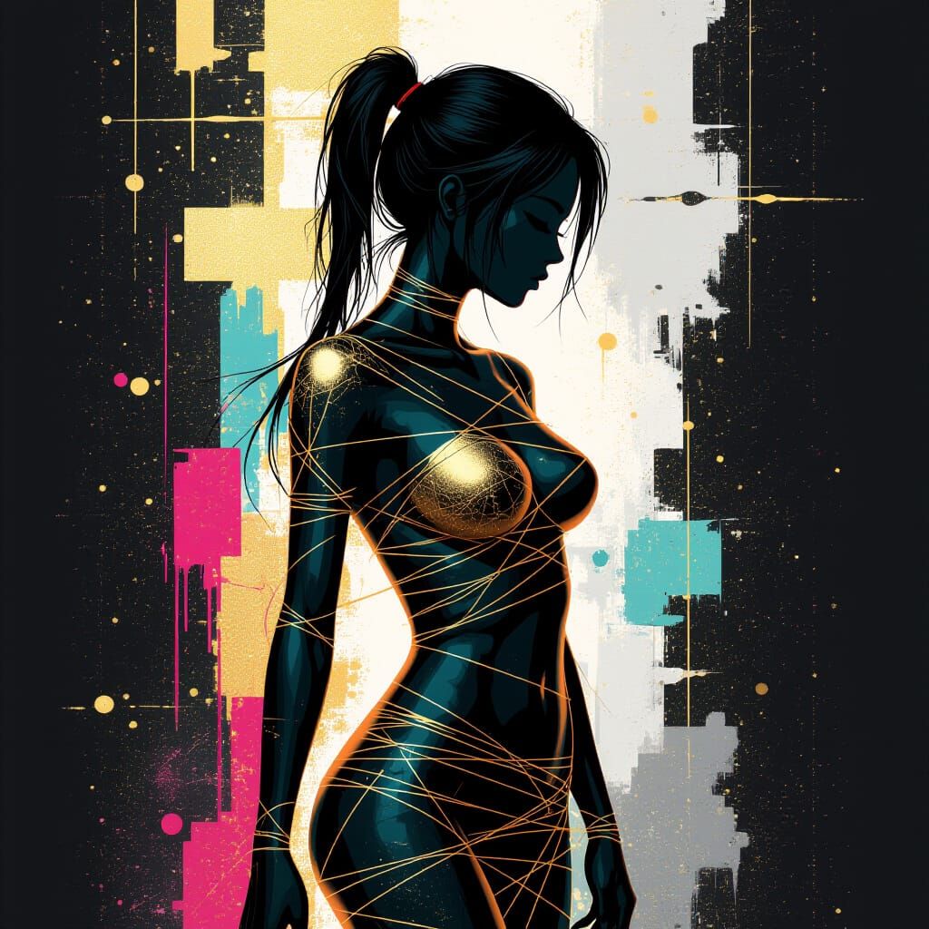 Golden Thread Silhouette in Kintsugi Anime Style