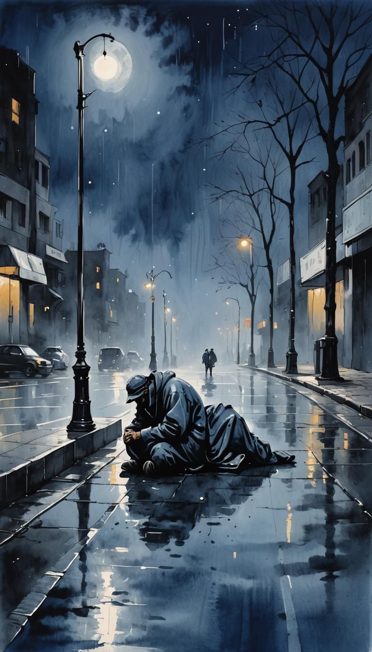 Minimalist Ink Painting of Homeless Man in Rain