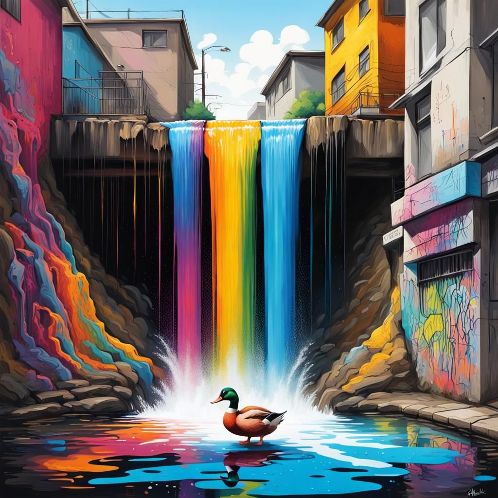Colorful Waterfall with Duck in Graffiti Art Style
