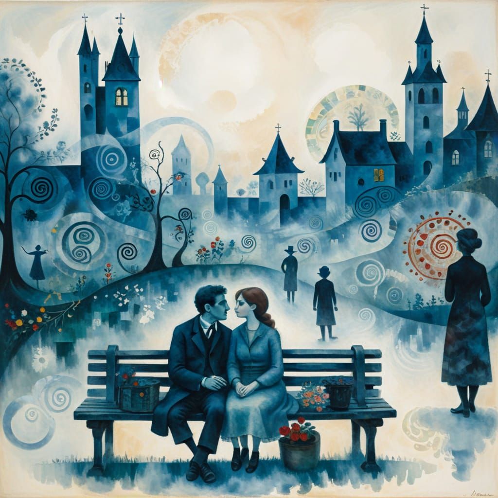 A woman and a man on a bench, Paul Klee and Marc Chagall