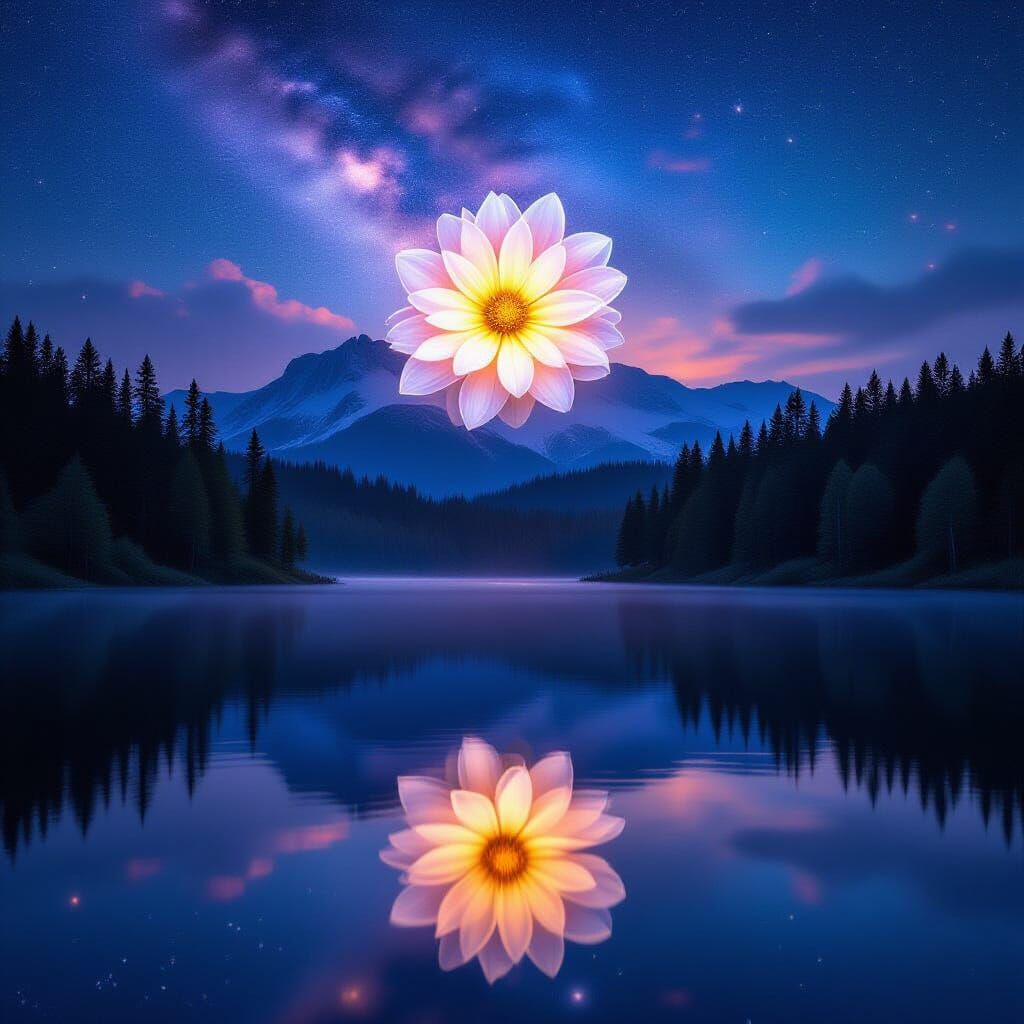 Calm Lake Reflects Cosmic Flower World