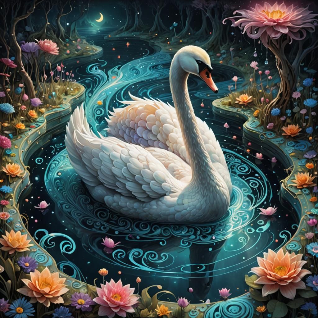 Ethereal Swan in Enchanted Cosmic Pool