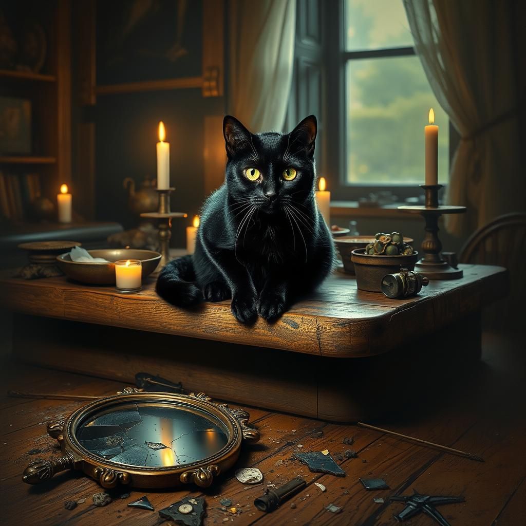 A black cat broke a mirror