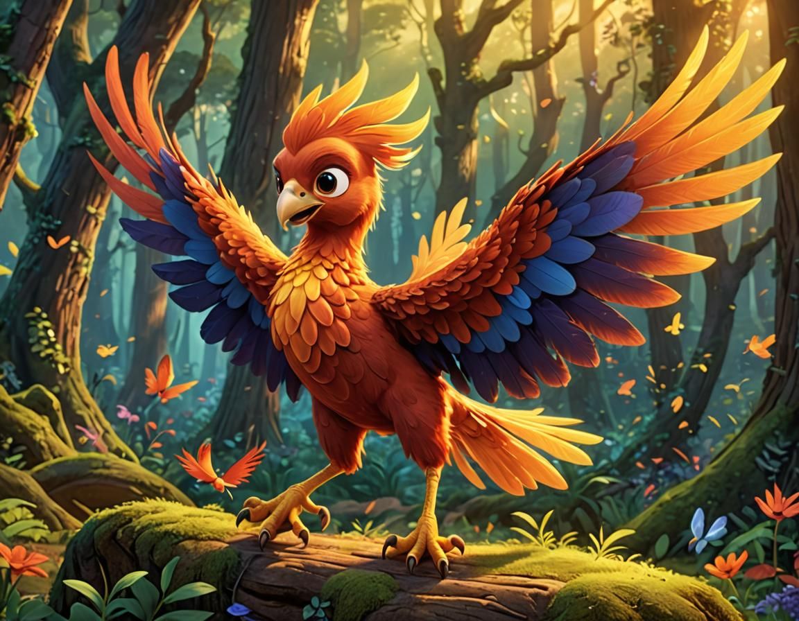 Playful Baby Phoenix in Enchanted Forest, Animated Style
