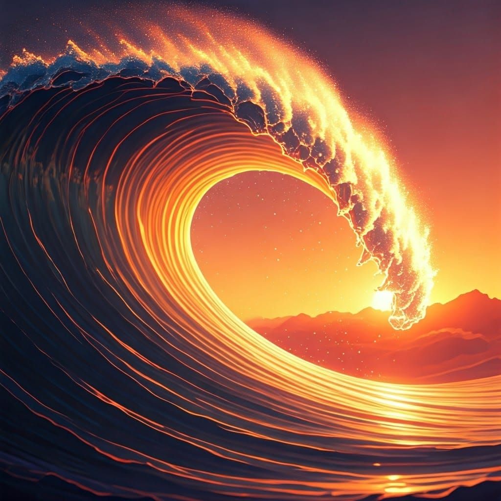 Mosaic Sunset Wave in Hyperrealistic Digital Art Style