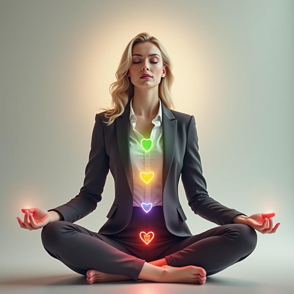 Meditative Woman with Chakras in Modern Office