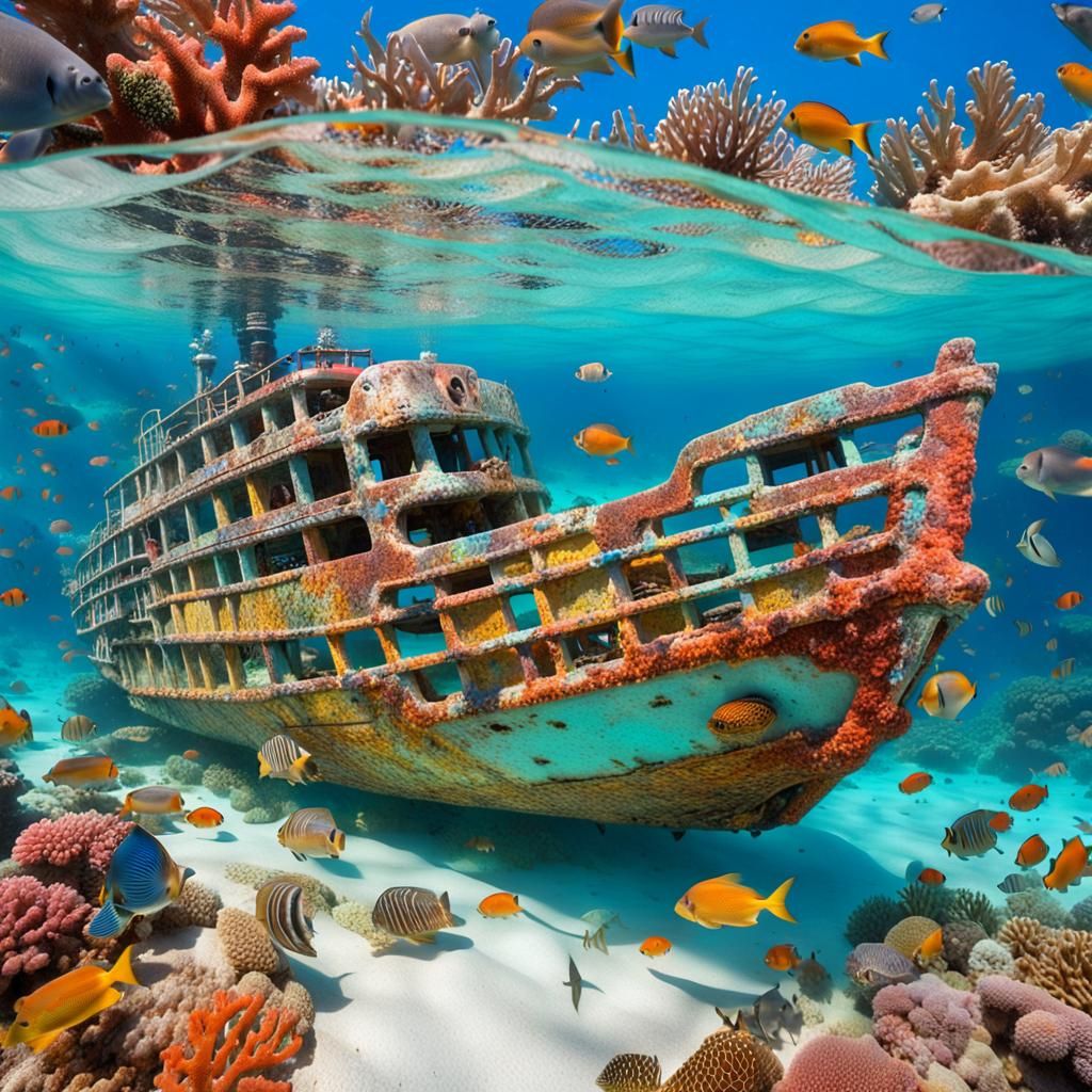 Colorful Shipwreck Under Turquoise Water with Coral