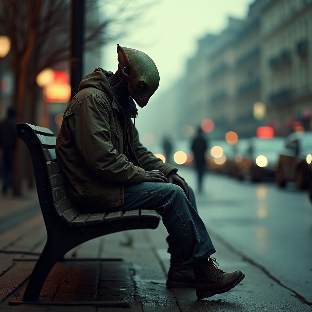 Sad Alien Hobo on City Bench, Cinematic Film Still