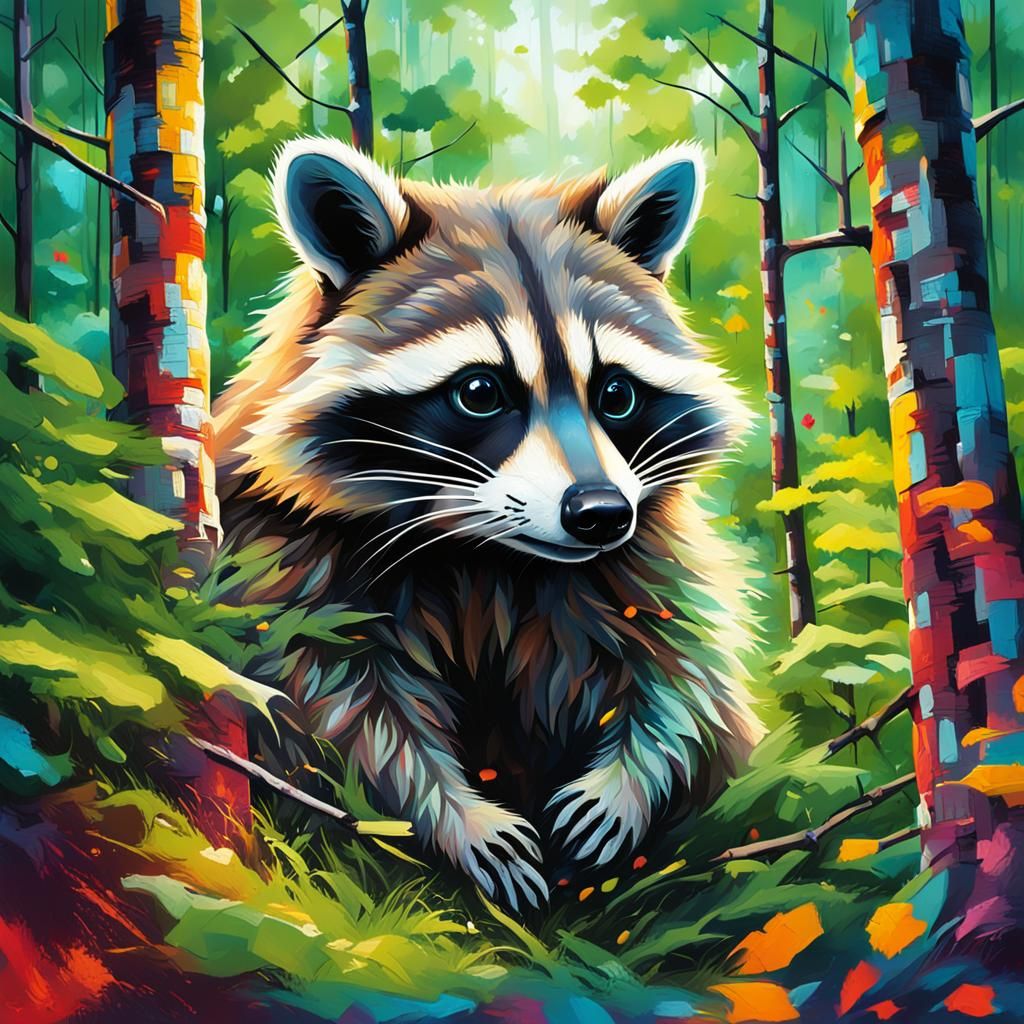 Cute Raccoon in Forest, Graffiti Splash Art