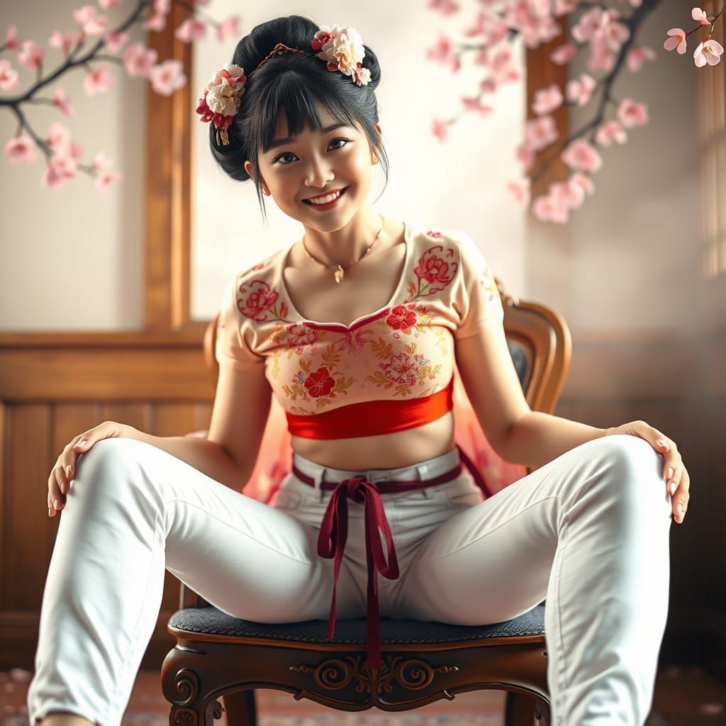 Smiling Geisha in Modern Attire with Cherry Blossoms
