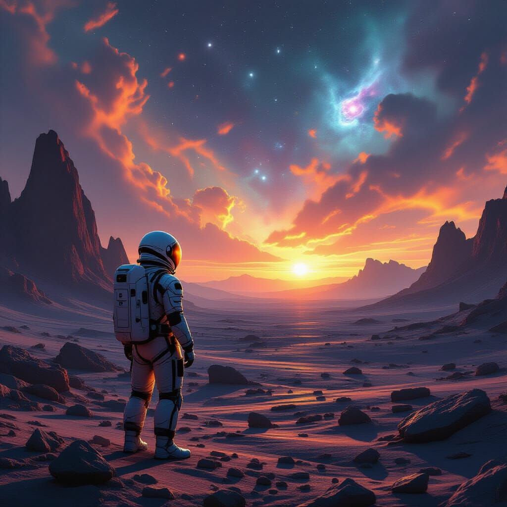Astronaut Gazes at Binary Sunset on Alien Planet