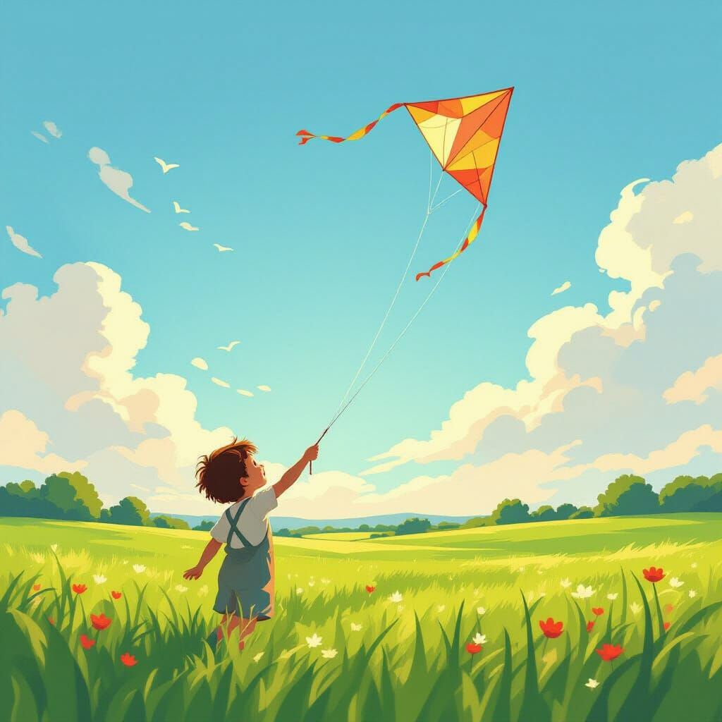 Joyful Child Flies Kite in Golden Hour Field