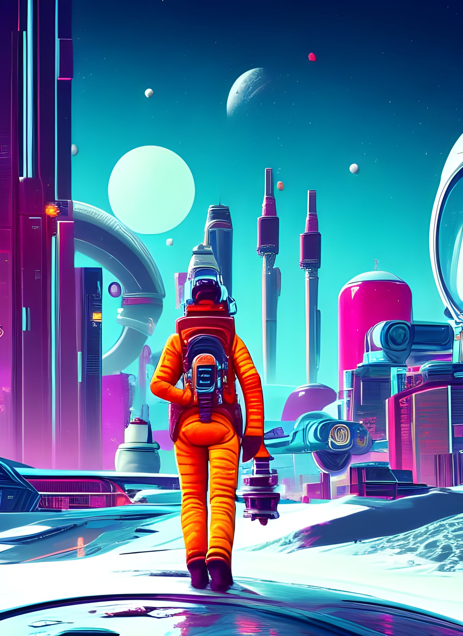 Spaceman in Snowy Alien City: Atompunk Poster Art