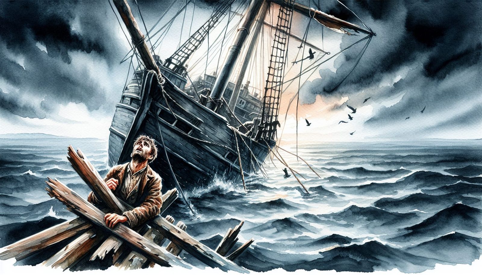 Watercolor of Shipwreck Survivor in Despair