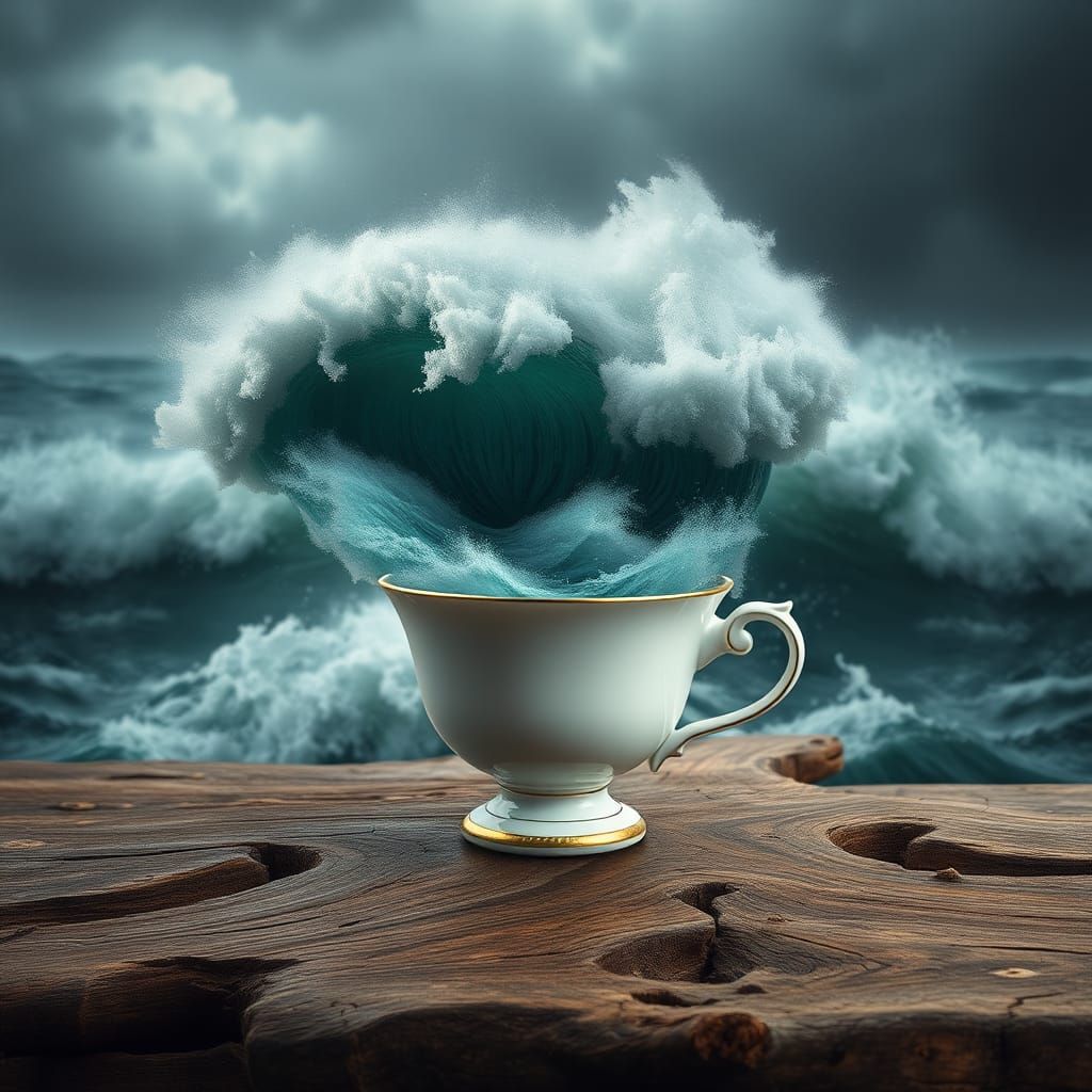 Stormy Sea Contained in Teacup, Dreamlike Digital Art