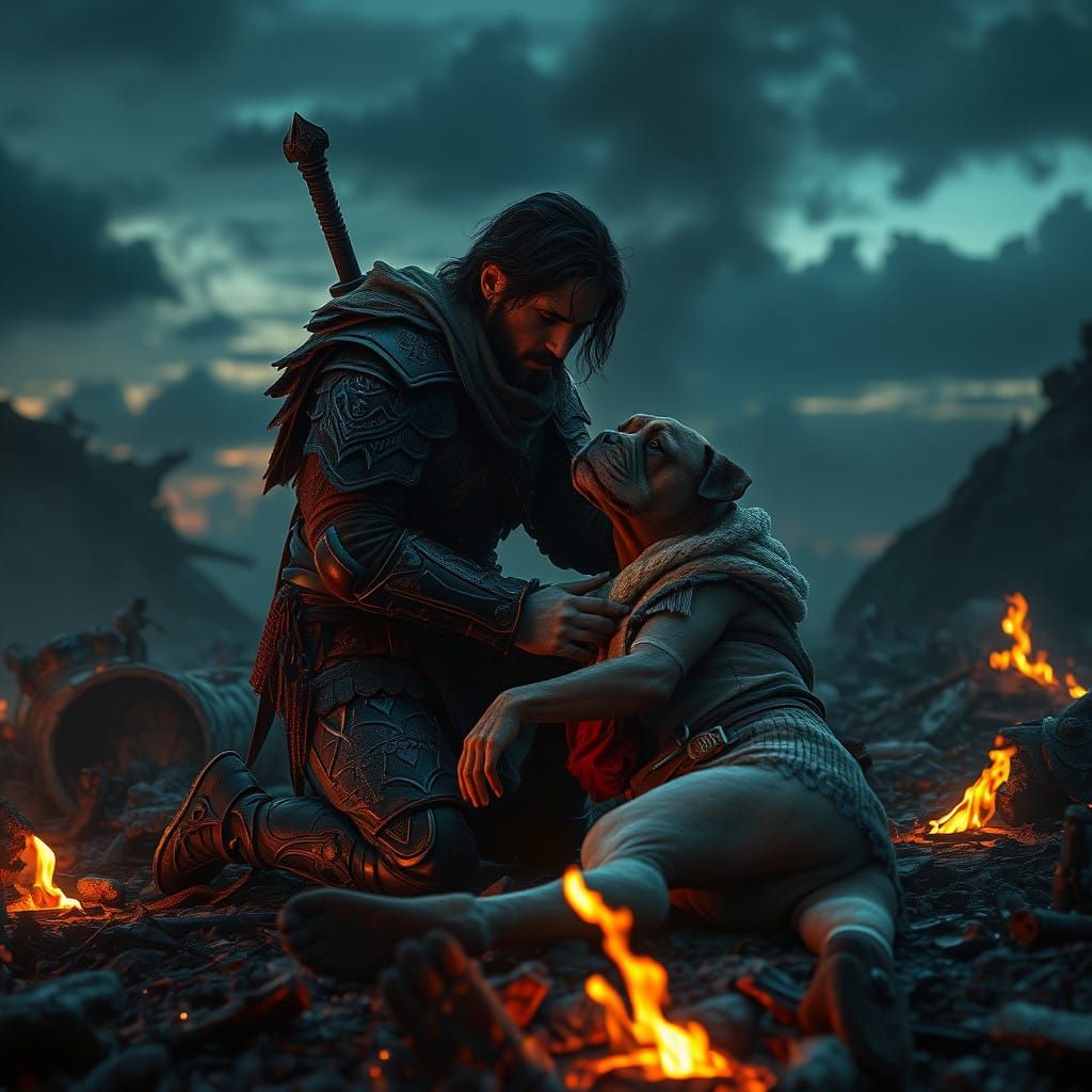 Warrior Offers Comfort in a Ruined Realm
