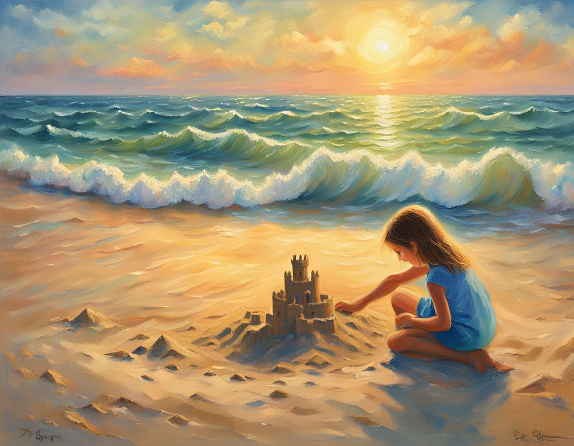 Girl Building a Sand Castle in Warm Golden Light