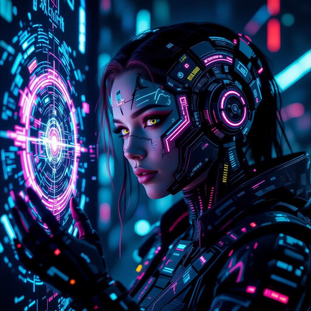 Cyber Oracle with Glitching Visions in Dark Neon