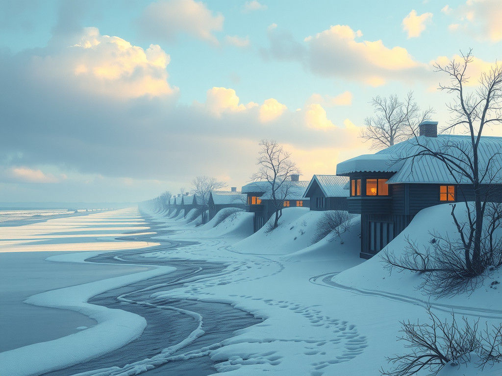 Mystical Winter Beach Landscape with Snow-Dusted Houses