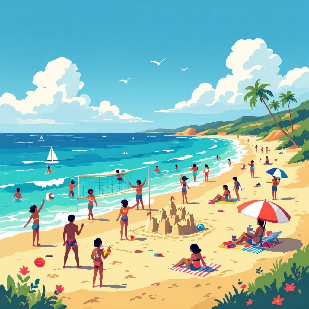 Diverse Beach Day in Cheerful Children's Book Style