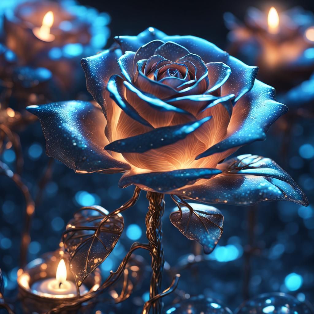 Bioluminescent Quartz Fairy Lights on Blue Glass Rose