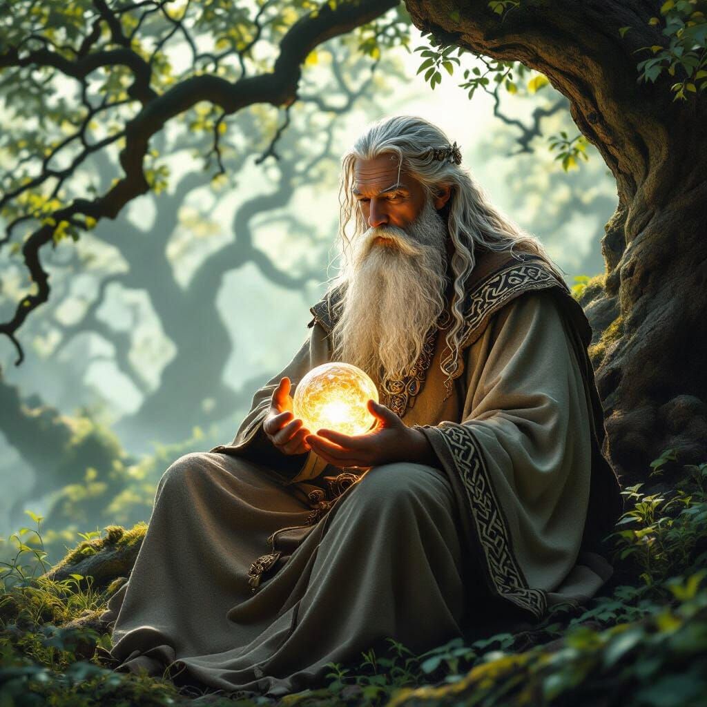 Celtic Druid in Misty Grove, Art Nouveau Style