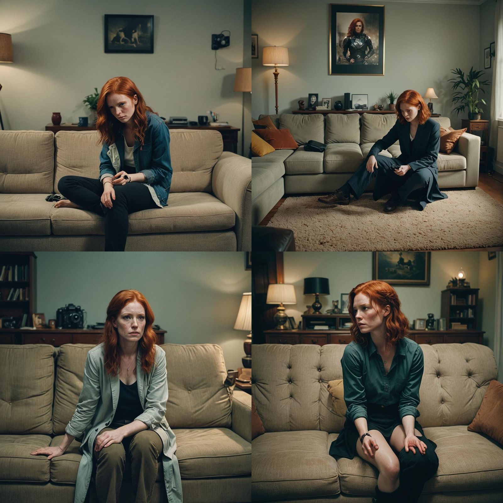 Cinematic Still: Redhead and Sigma on Sofa